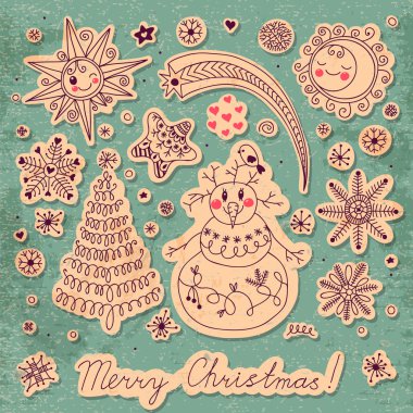 Vintage kartı ile Noel öğeler kümesi. kardan adam, yılbaşı t