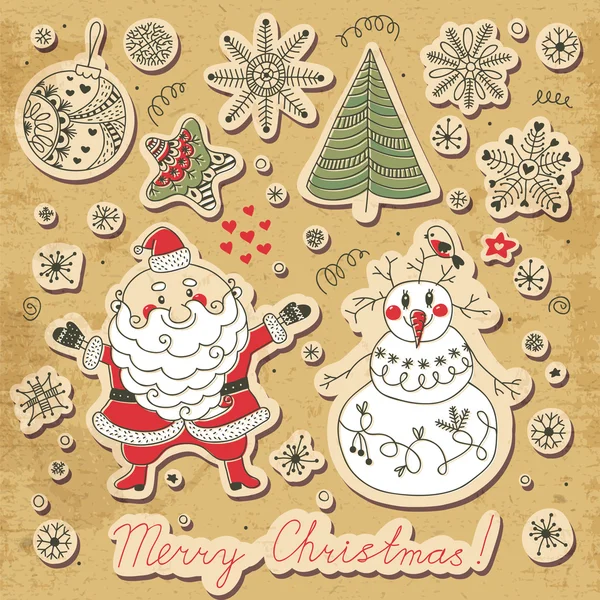Винтажная открытка с набором рождественских вещей. Санта Клаус, снеговик — стоковый вектор