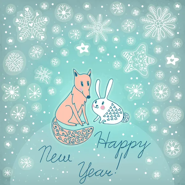 Beautiful card with a fox and a hare. Happy New Year! — Stock Vector