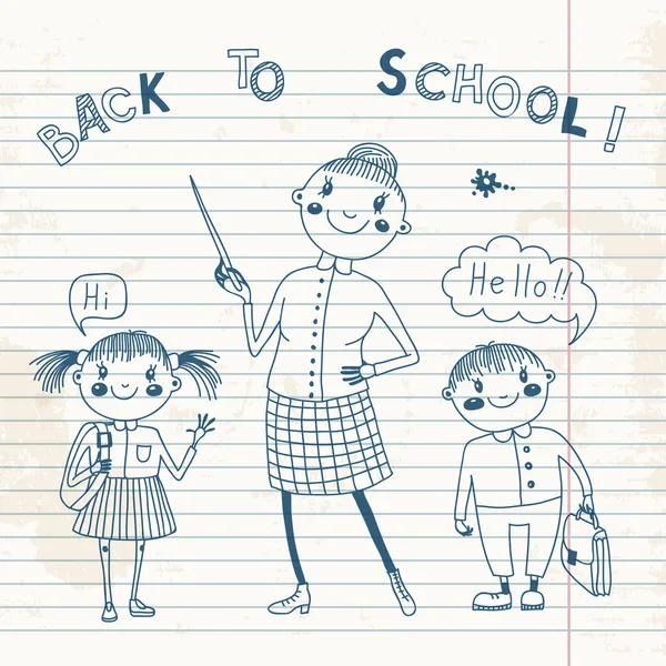Der Lehrer mit den Schülern. Zurück zur Schule. — Stockvektor