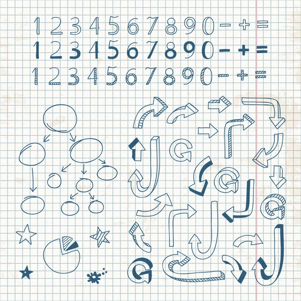 Conjunto de figuras pintadas a mano, flechas, símbolos matemáticos . — Archivo Imágenes Vectoriales