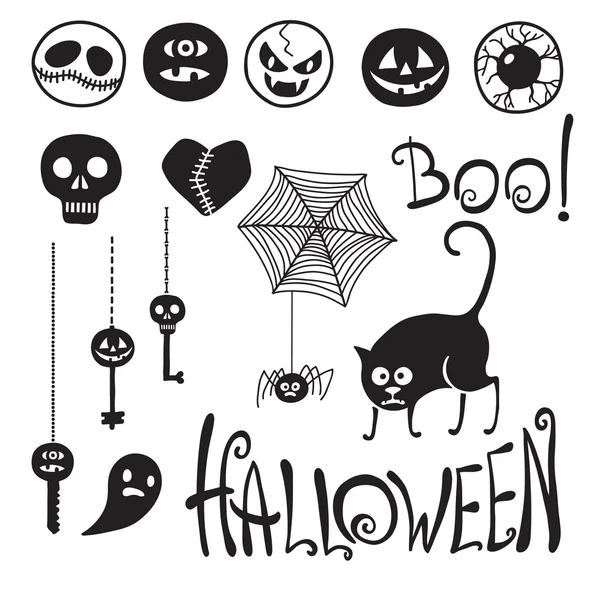 Joyeux Halloween ! Émoticônes Halloween. Un chat. Spider. Clés . — Image vectorielle