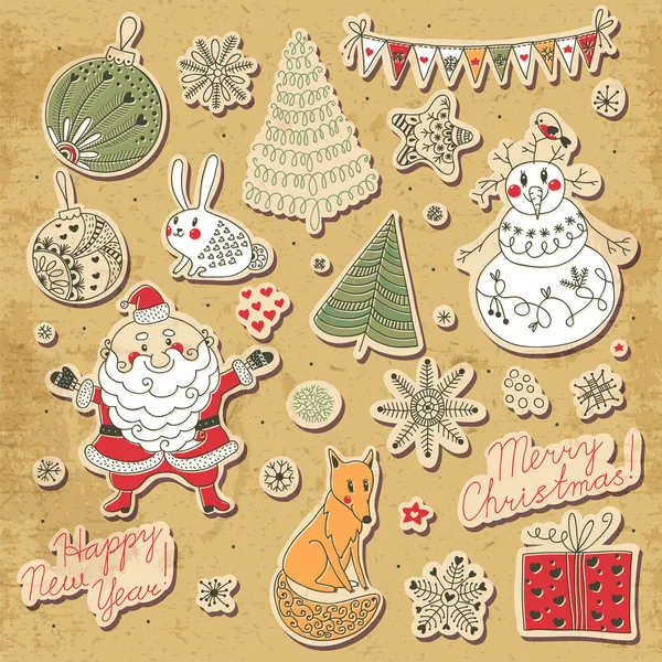 Un conjunto de elementos navideños para el diseño. Papá Noel, muñeco de nieve, Ch — Archivo Imágenes Vectoriales