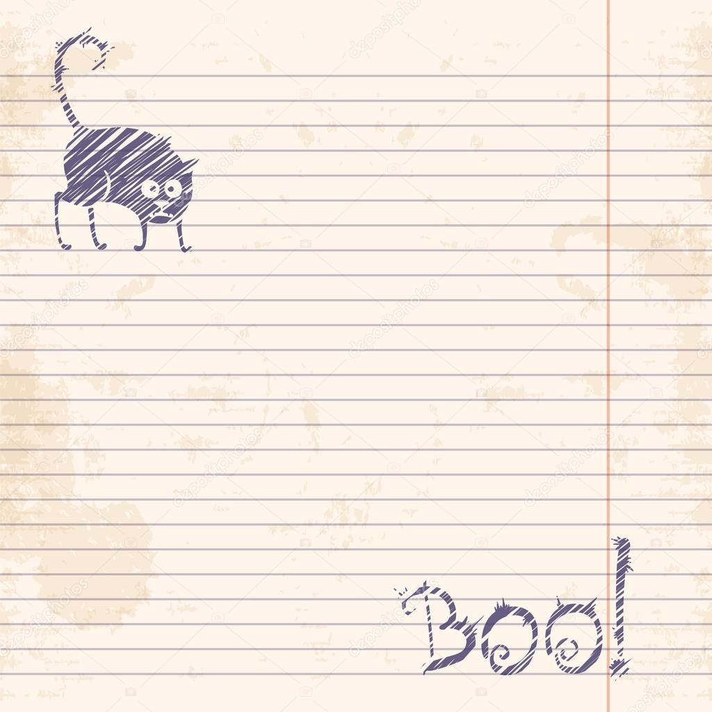 Halloween cat. Boo! Sketch on notebook ruled paper