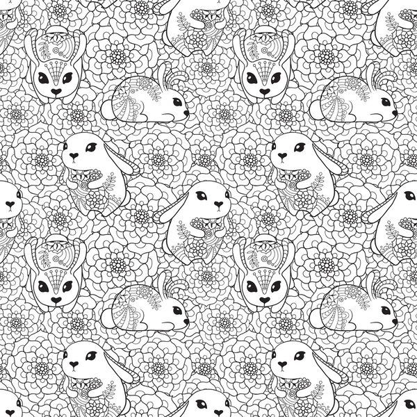 Vintage seamless pattern with bunnies and flowers — Stock Vector