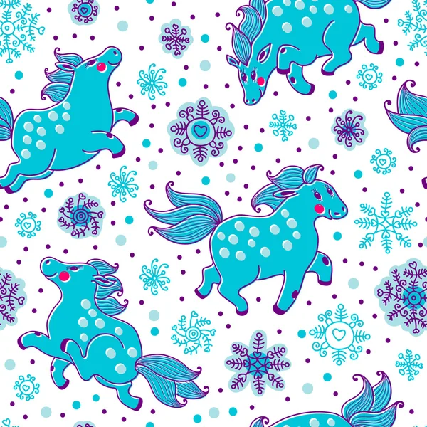 Seamless pattern with horses and snowfall in cartoon style — Stock Vector