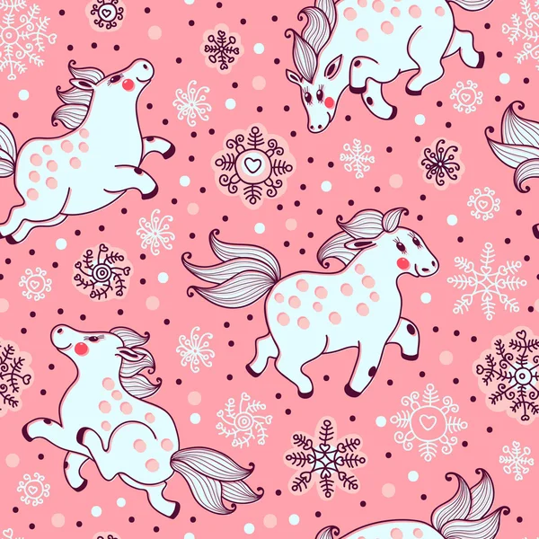 Modèle sans couture avec des chevaux et des chutes de neige dans le style de dessin animé — Image vectorielle