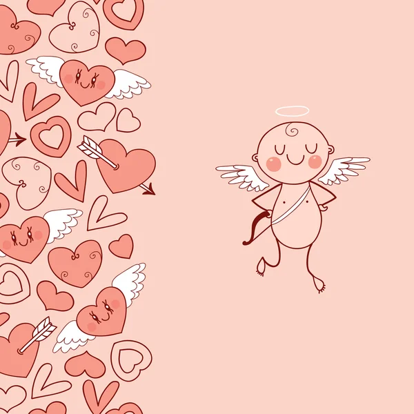 Casamentos e cartão de Dia dos Namorados com Cupidos bonitos e corações — Vetor de Stock