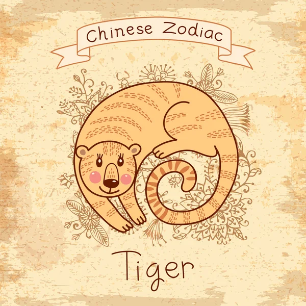Kartu antik dengan zodiak Cina Tiger - Stok Vektor