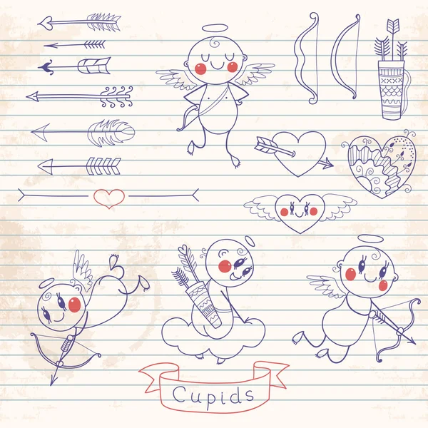 Cupidons, flèches, coeurs et autres éléments vintage — Image vectorielle