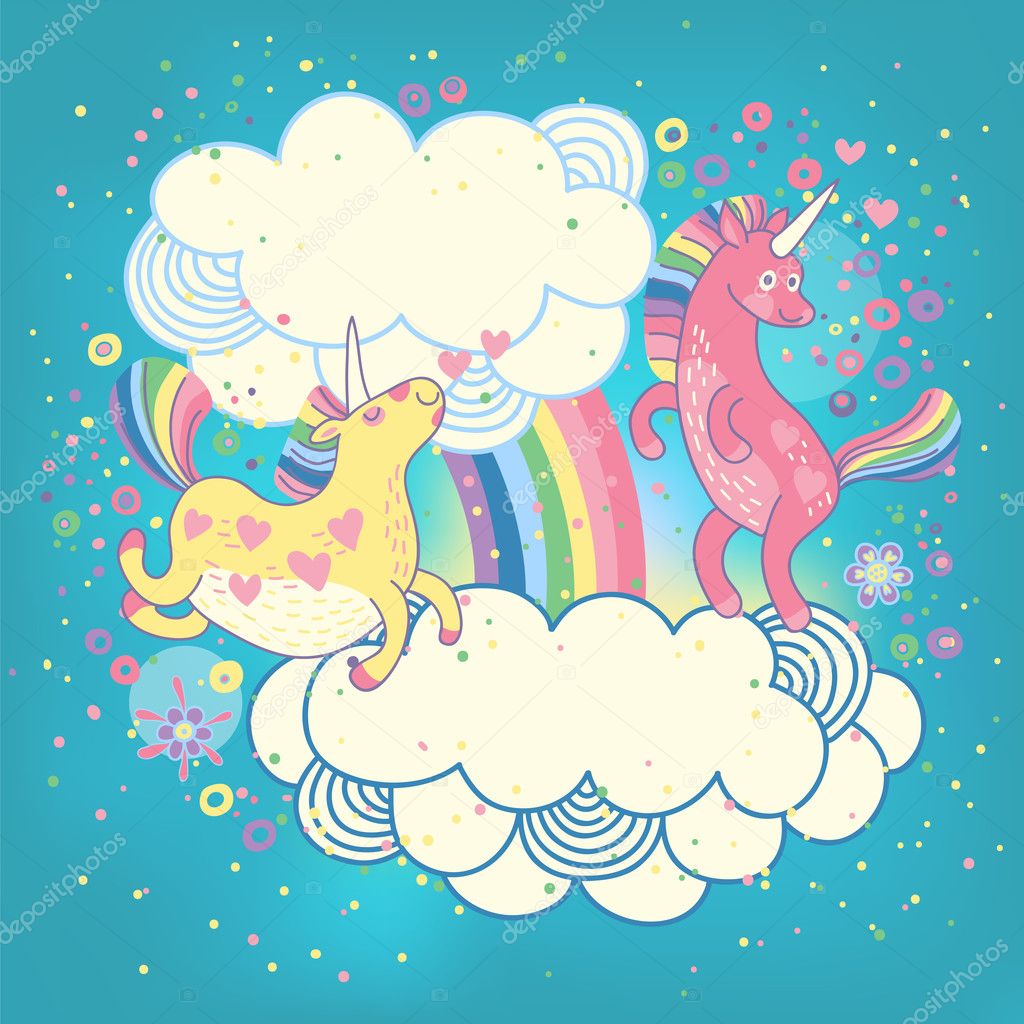 Scheda con un arcobaleno di unicorni carino tra le nuvole — Vettoriale Stock