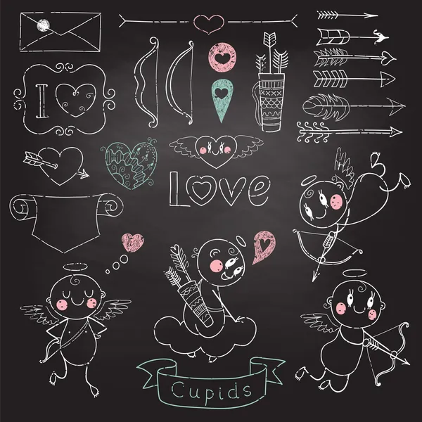 Cupids, arrows, hearts and other design elements — Stock Vector