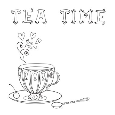 çay ve bir yazıt ile bir fincan çizimi.