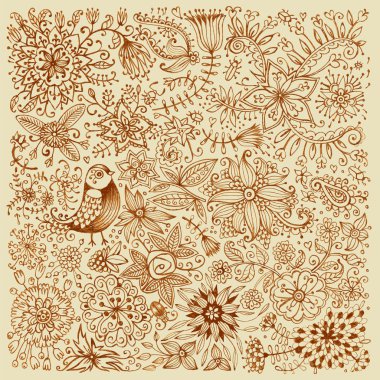 çiçek ve kuş el çekilmiş kartı