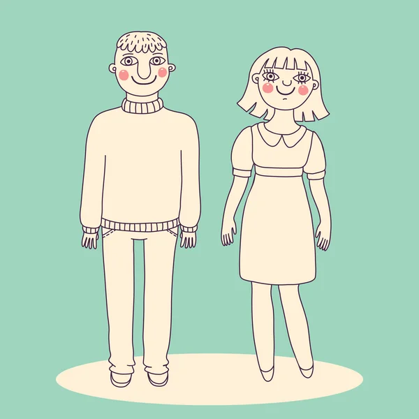 Dibujado hombre y mujer. Pareja joven . — Vector de stock