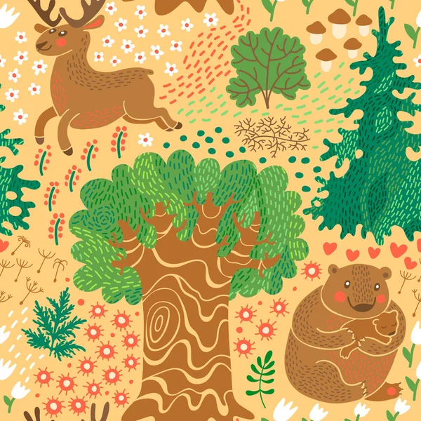 Seamless pattern with deer, bears in the woods. — Stock Vector