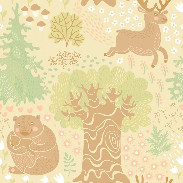 鹿、森の中でクマとのシームレスなパターン. — ストックベクタ