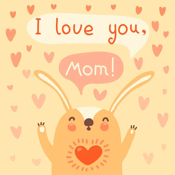 Tarjeta de felicitación para mamá con conejo lindo . — Vector de stock