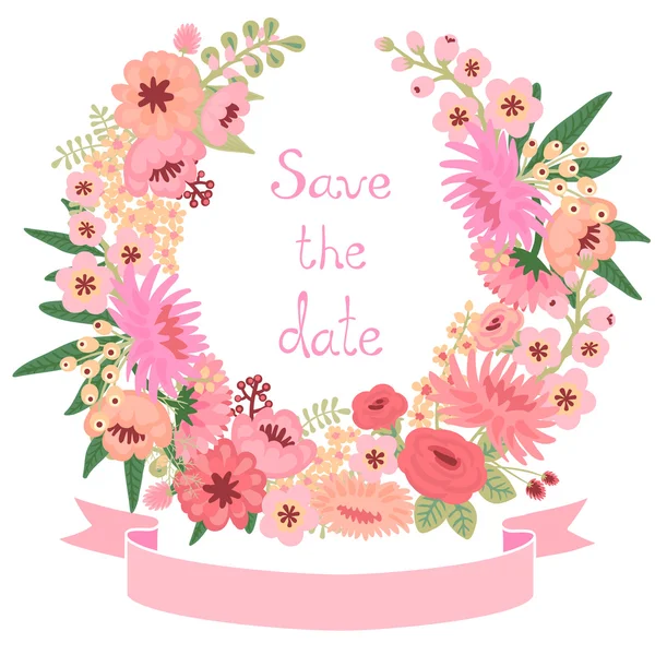 Carte vintage avec couronne florale. Enregistrer la date . — Image vectorielle