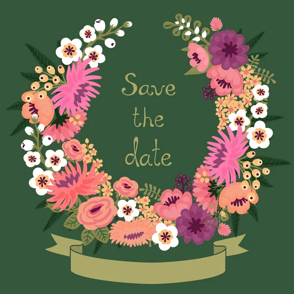 Cartão vintage com coroa floral. Salve a data . — Vetor de Stock