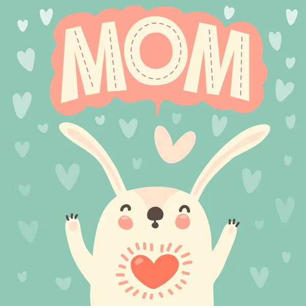 Tarjeta de felicitación para mamá con conejo lindo . — Vector de stock