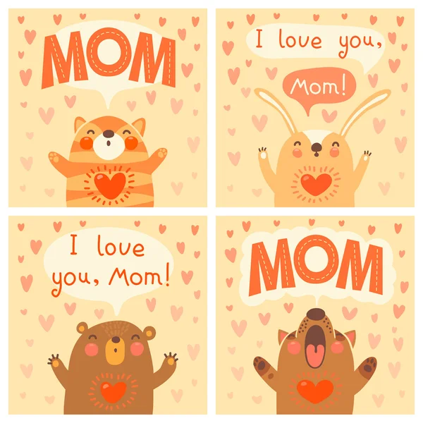 Tarjeta de felicitación para mamá con animales lindos . — Vector de stock