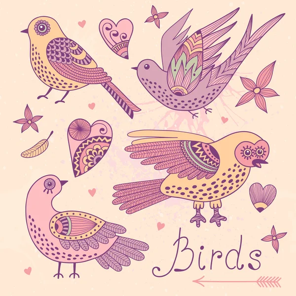 Векторный набор птиц и сердец . — стоковый вектор