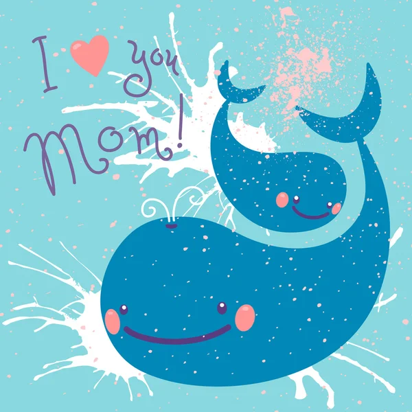 Feliz Día de la Madre. Tarjeta con ballenas lindas . — Vector de stock