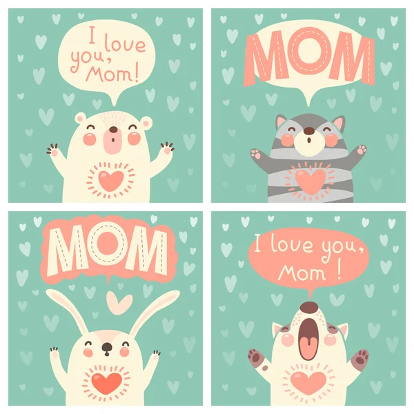 Anne ile sevimli hayvanlar için tebrik kartı.