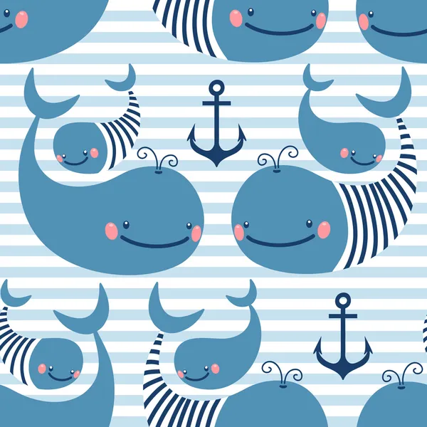 Seamless pattern with cute whales. — Stock Vector