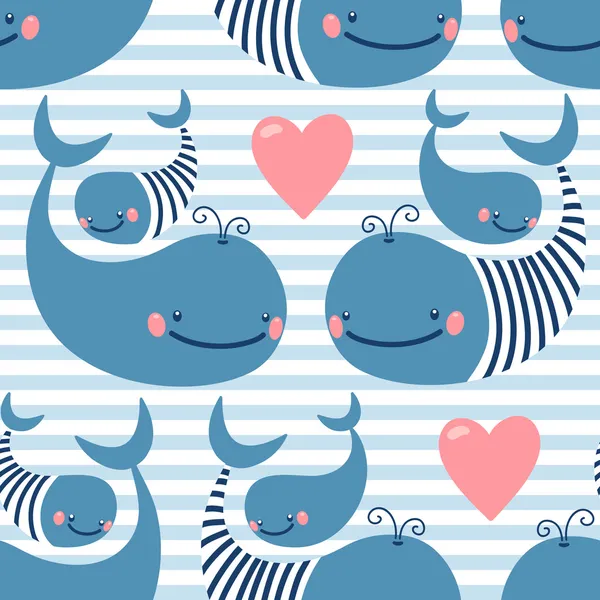 Seamless pattern with cute whales. — Stock Vector