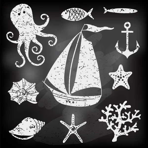 Silhouette tenger - kézzel rajzolt készlet tenger szimbólumok — Stock Vector