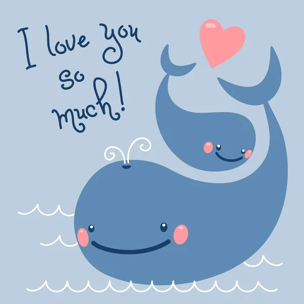 Gelukkig Vaderdag. kaart met schattige walvissen. — Stockvector