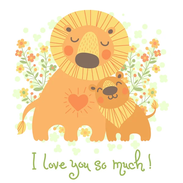 Κάρτα για τη γιορτή του ευτυχής πατέρας. χαριτωμένο λιοντάρι και cub. — Διανυσματικό Αρχείο