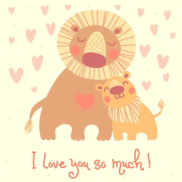 Feliz cartão do Dia do Pai. Leão bonito e filhote . —  Vetores de Stock