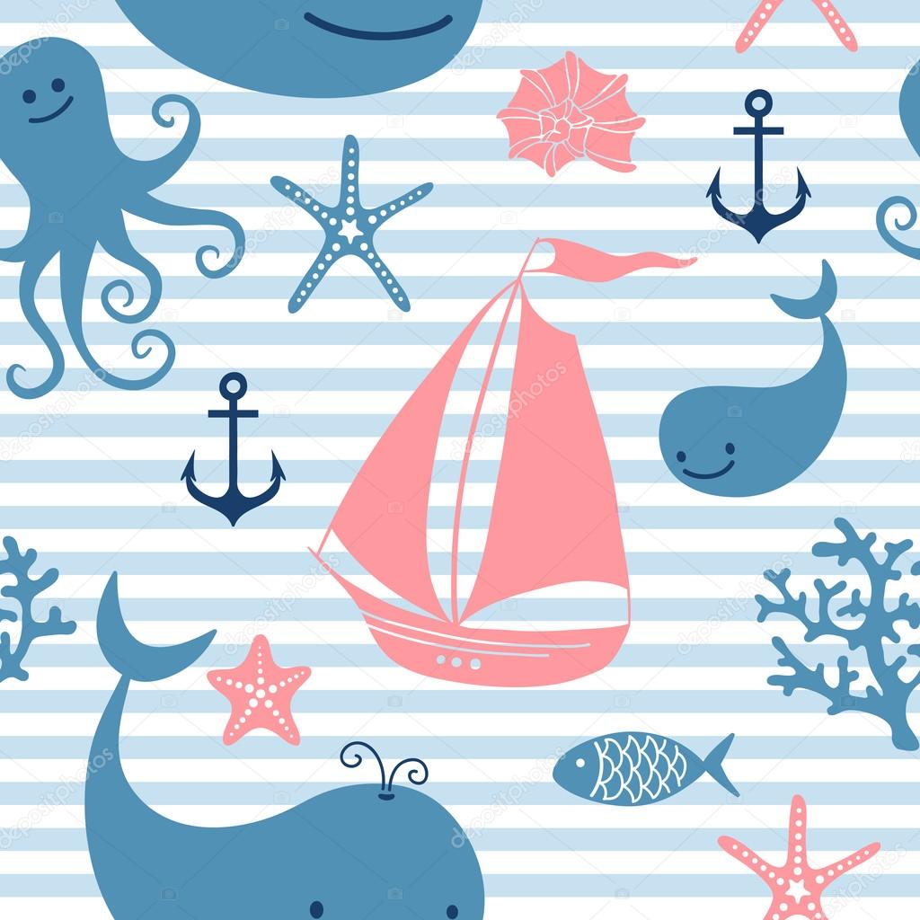 Seamless pattern with cute whales, sailing.
