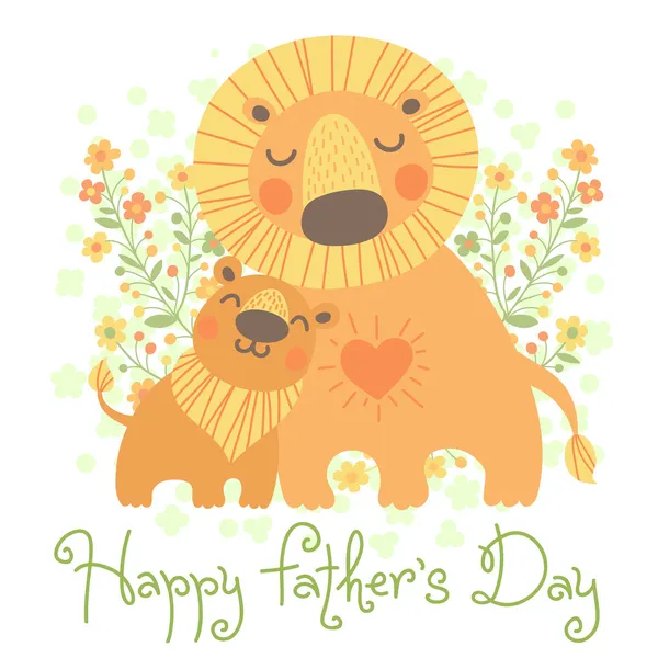 Tarjeta del Día del Padre Feliz. Lindo león y cachorro . — Vector de stock