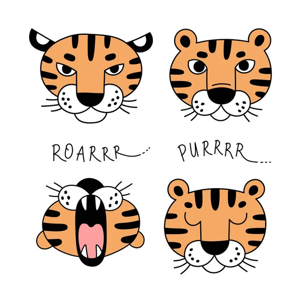 Πρόσωπα τίγρης με διαφορετικά συναισθήματα. Σύνολο διάνυσμα κλιπ σε στυλ γραμμή τέχνης — Διανυσματικό Αρχείο