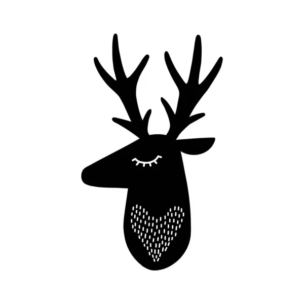 Silueta de cabeza de ciervo. Reno estilizado de dibujo en estilo escandinavo simple. Vivero arte escandinavo. Ilustración vectorial en blanco y negro — Vector de stock