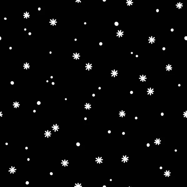 Sömlös mönster av vita snöflingor på en svart bakgrund. Enkelt mönster för bakgrunder, omslagspapper och säsongsbetonad design. Jul bakgrund med snö i skandinavisk stil — Stock vektor