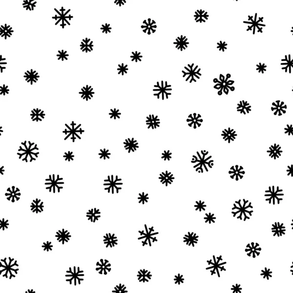 Modèle sans couture de flocons de neige noirs sur un fond blanc. Modèle simple pour décors, papier d'emballage et design saisonnier. Fond de Noël avec neige dans un style scandinave — Image vectorielle