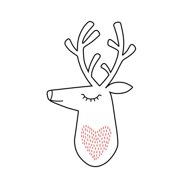 Deer head portrait. Stylized drawing reindeer in simple scandi style. Nursery scandinavian art. Black and white vector illustration — Stockvektor