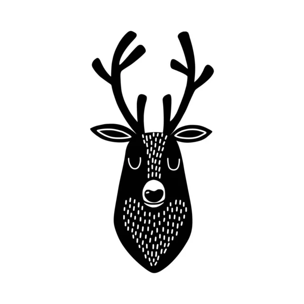 Deer head silhouette. Stylized drawing reindeer in simple scandi style. Nursery scandinavian art. Black and white vector illustration — Stock Vector