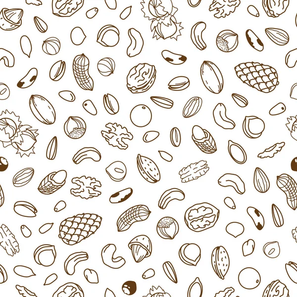 Vector seamless pattern, packaging design of nut and seed mix or snack. Walnut, peanut and sunflower seeds. Almond, pistachio, cashew, hazelnut and macadamia. Illustration in line art style — Stock Vector