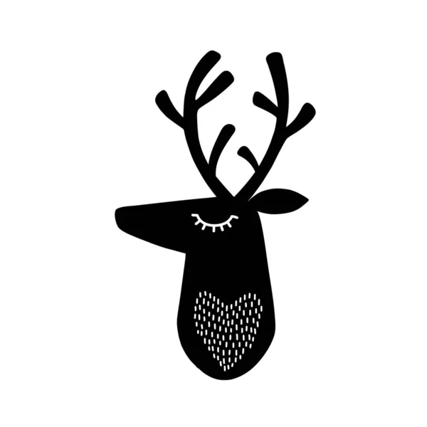 Deer head silhouette. Stylized drawing reindeer in simple scandi style. Nursery scandinavian art. Black and white vector illustration Gráficos De Vetores