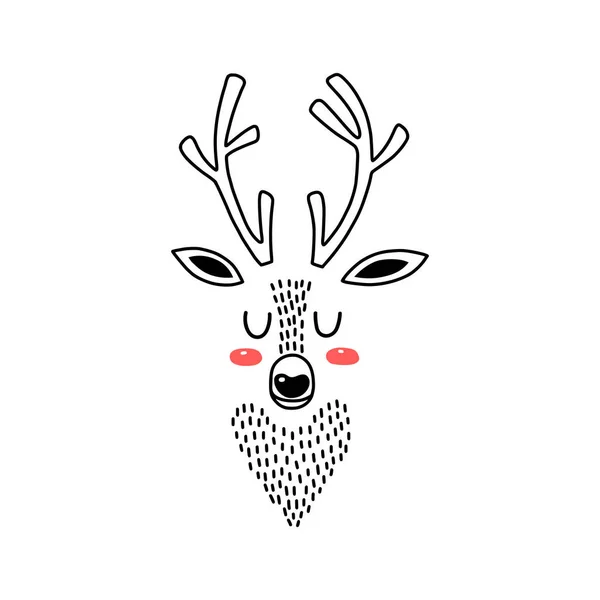 Deer head portrait. Stylized drawing reindeer in simple scandi style. Nursery scandinavian art. Black and white vector illustration — 图库矢量图片