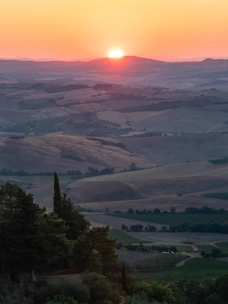 Sonnenaufgang Den Hügeln Von Montalcino Toskana Der Region Crete Senesi — Stockfoto