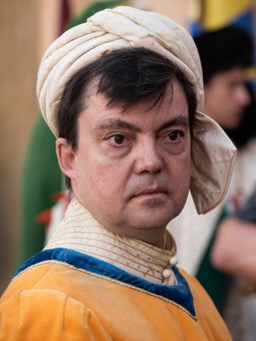 Siena, Tuscany, Italy - August 15 2021: Man in Historical Costume of Leocorno Contrada Portrait