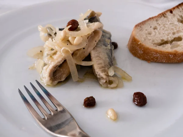 Sarde Saor Venetian Marinated Sardines Onion Raisins Pine Nuts Venice — Zdjęcie stockowe