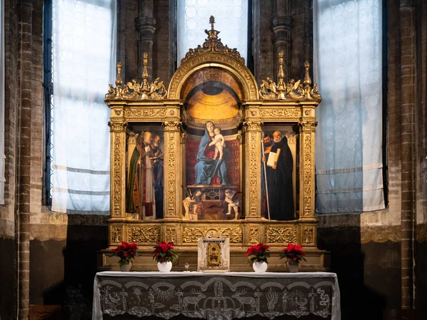 Venedik, İtalya - 4 Ocak 2022: Madonna with Child and Saints Triptych, painted by Giovanni Bellini, in 1488, in Pesaro Chapel, Santa Maria Gloriosa dei Frari Church.